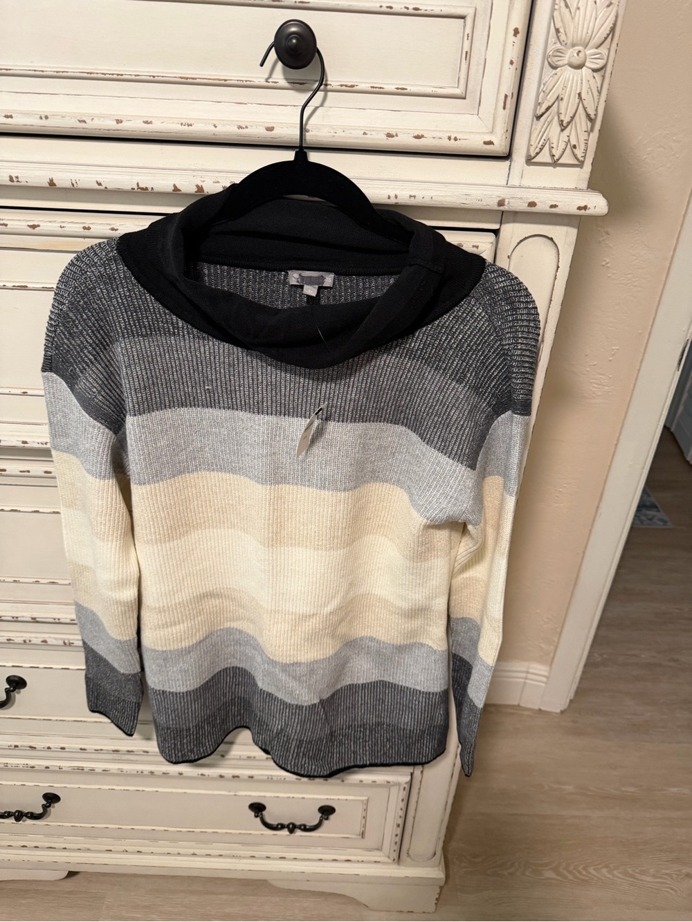 Talbots Striped Cowl-Neck Sweater in Black, Gray and Cream- CLEARANCE-small pull